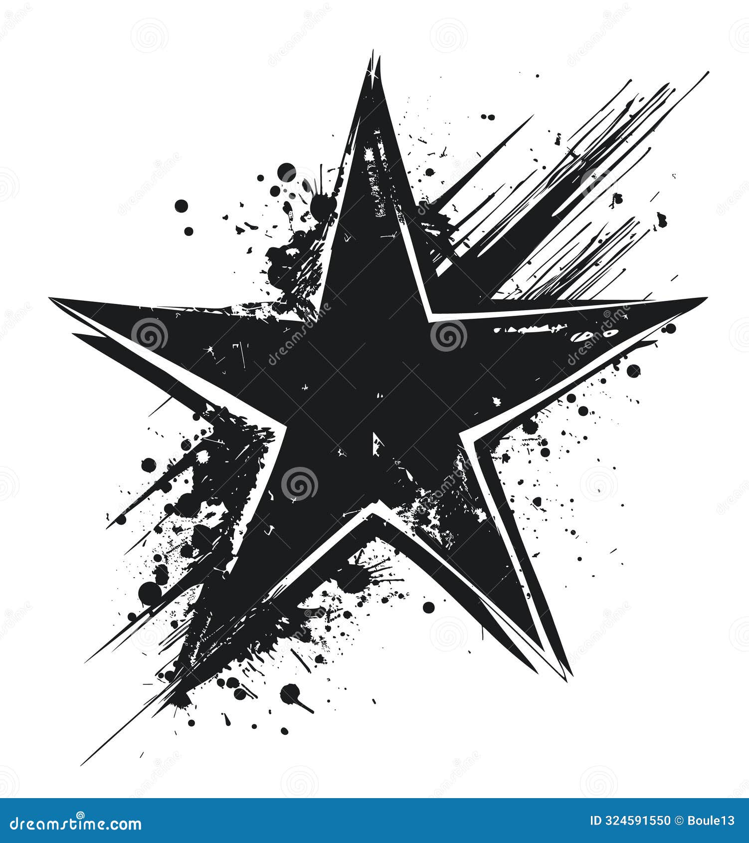 black and white distressed and disintegrating five-pointed star with a dripping effect, stencil and paint graffiti