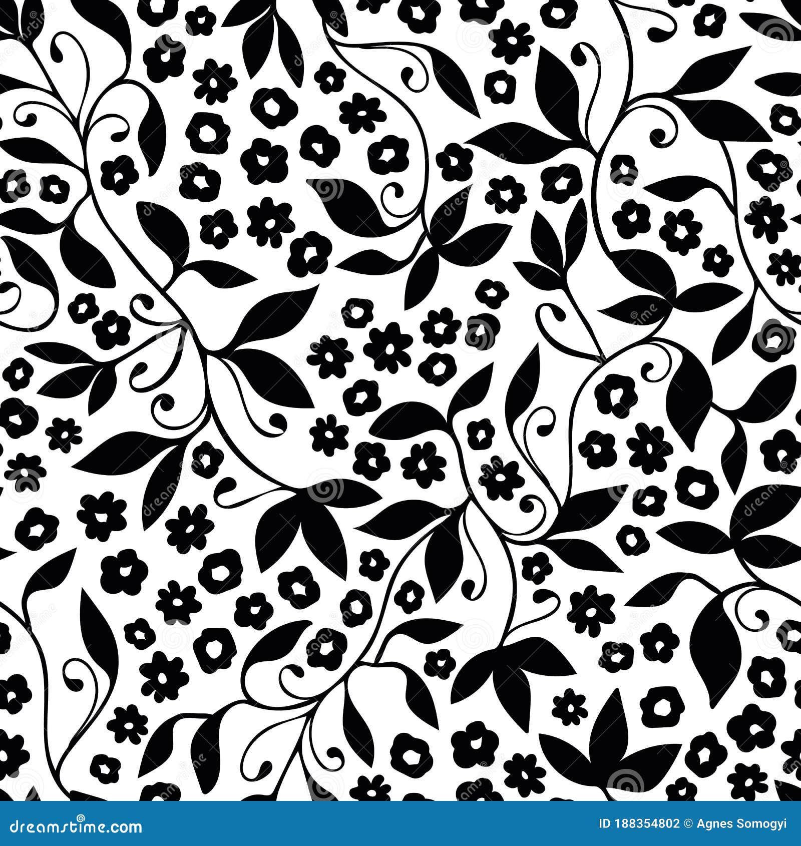 Black and White Ditsy Floral with Tendril Seamless Vector Pattern ...