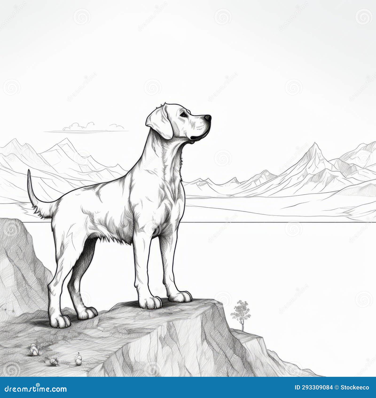 black and white dog  on cliff: golden age style