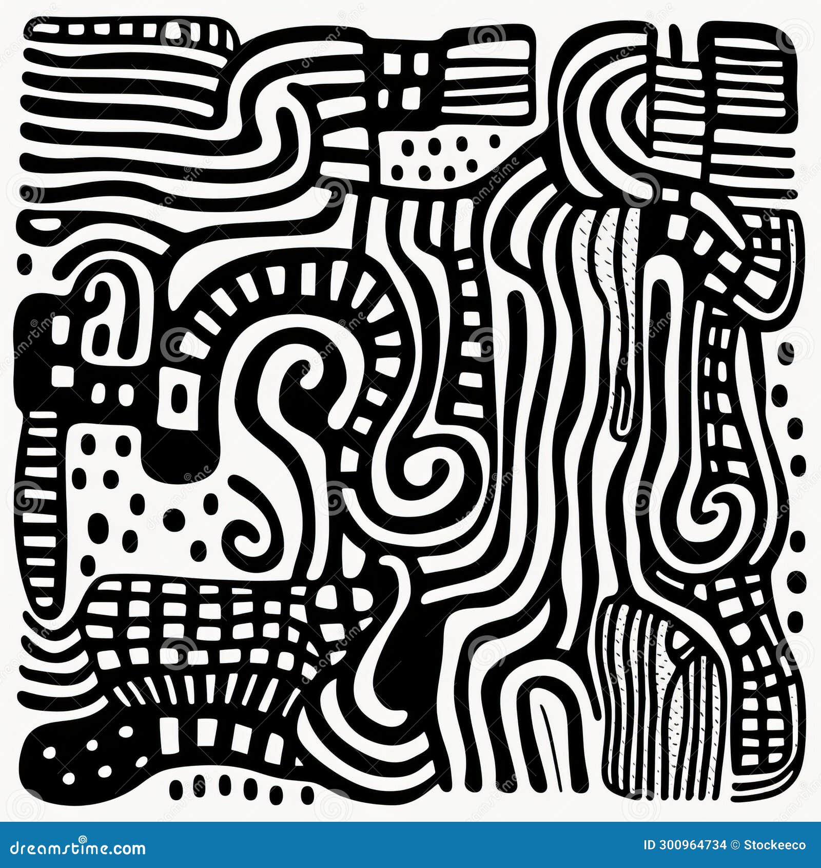 black and white doodle hand drawing: stripes, s, and rustic abstraction