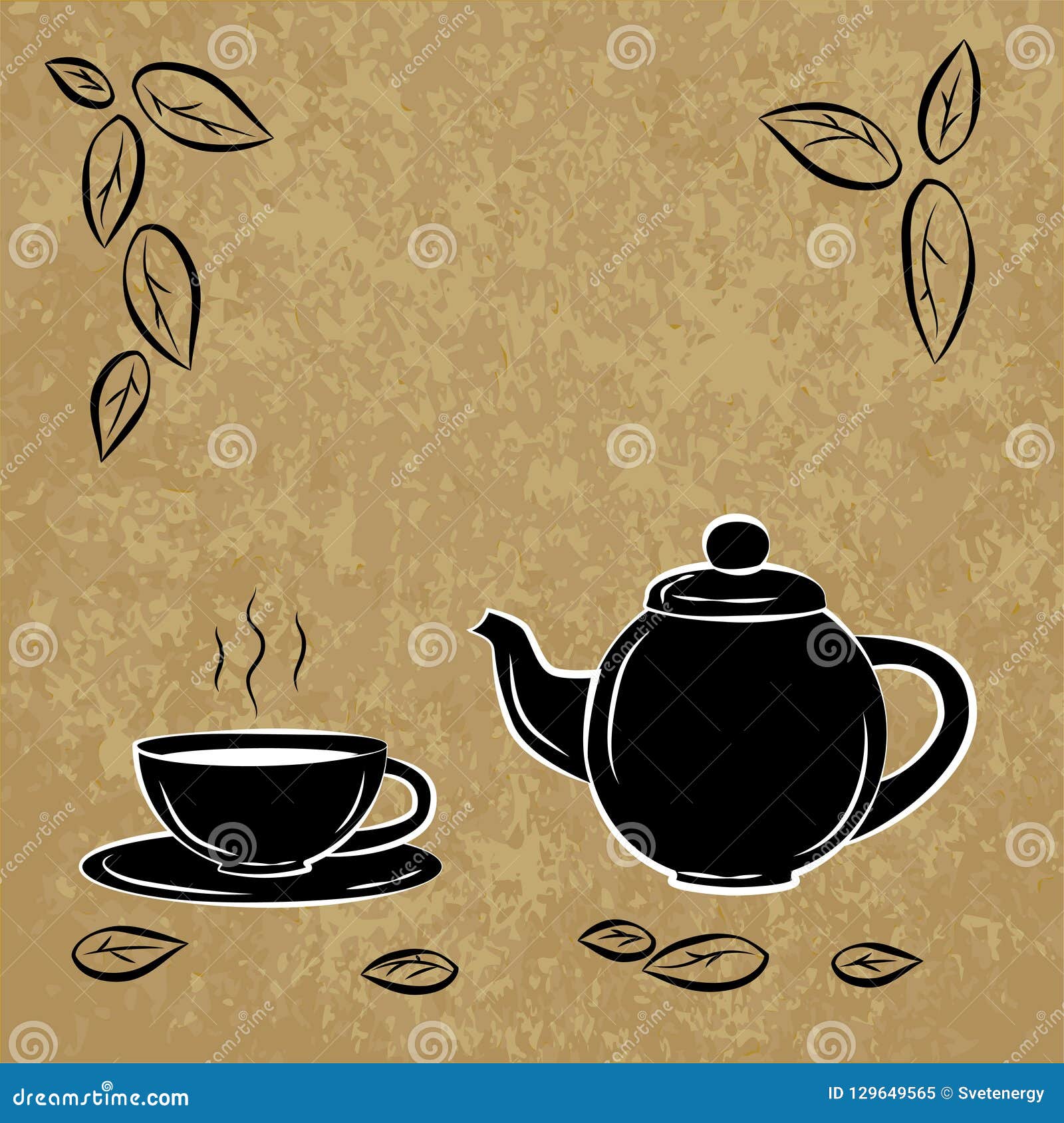 Black and White Drawing of Cup and Teapot. Silhouette of a Cup of Tea