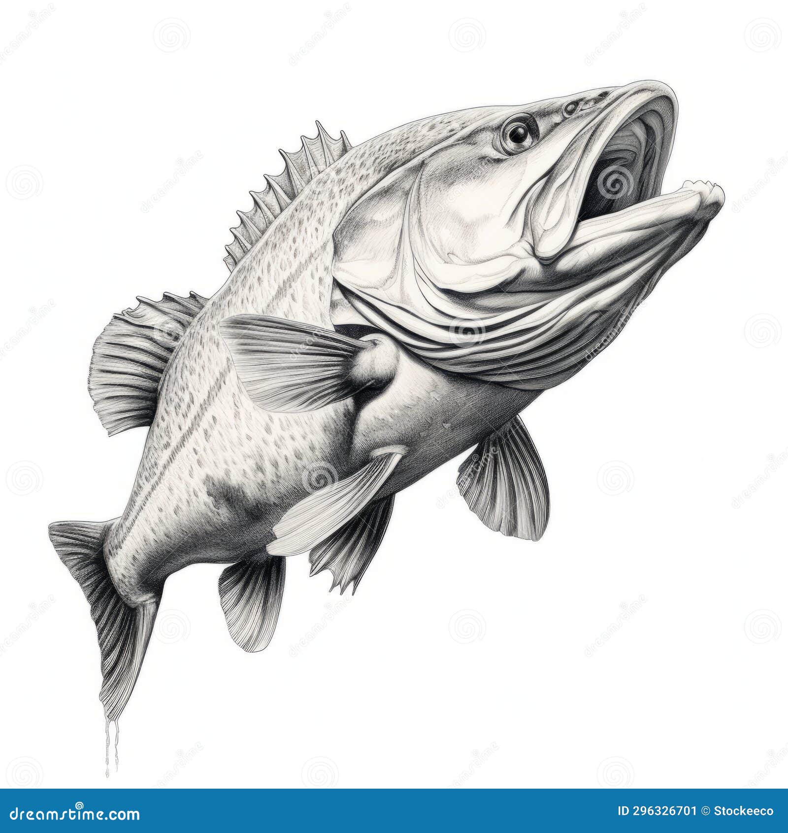 Photorealistic Black and White Bass Drawing with Open Mouth Stock
