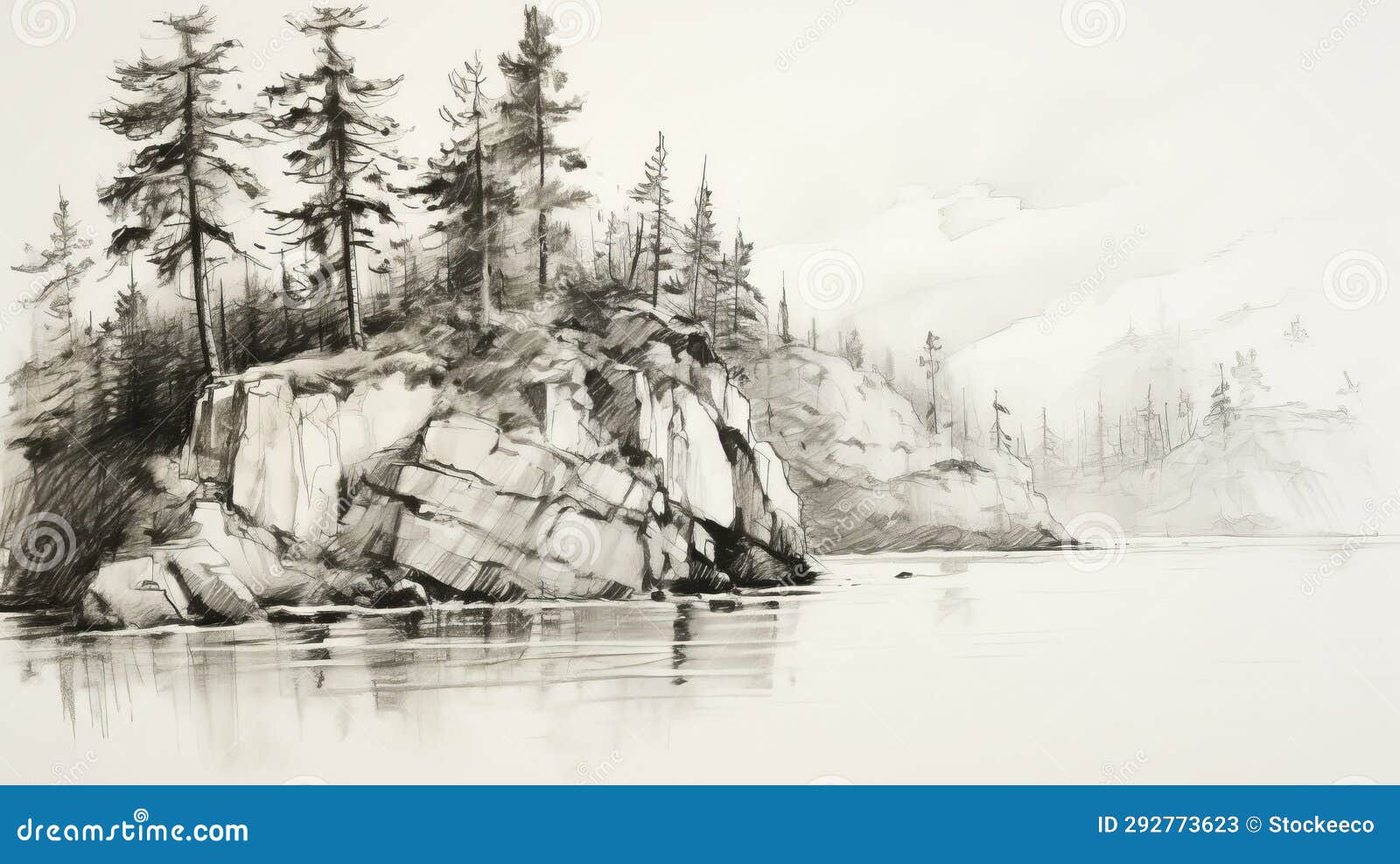 ink wash painting: rocky shore with pine trees