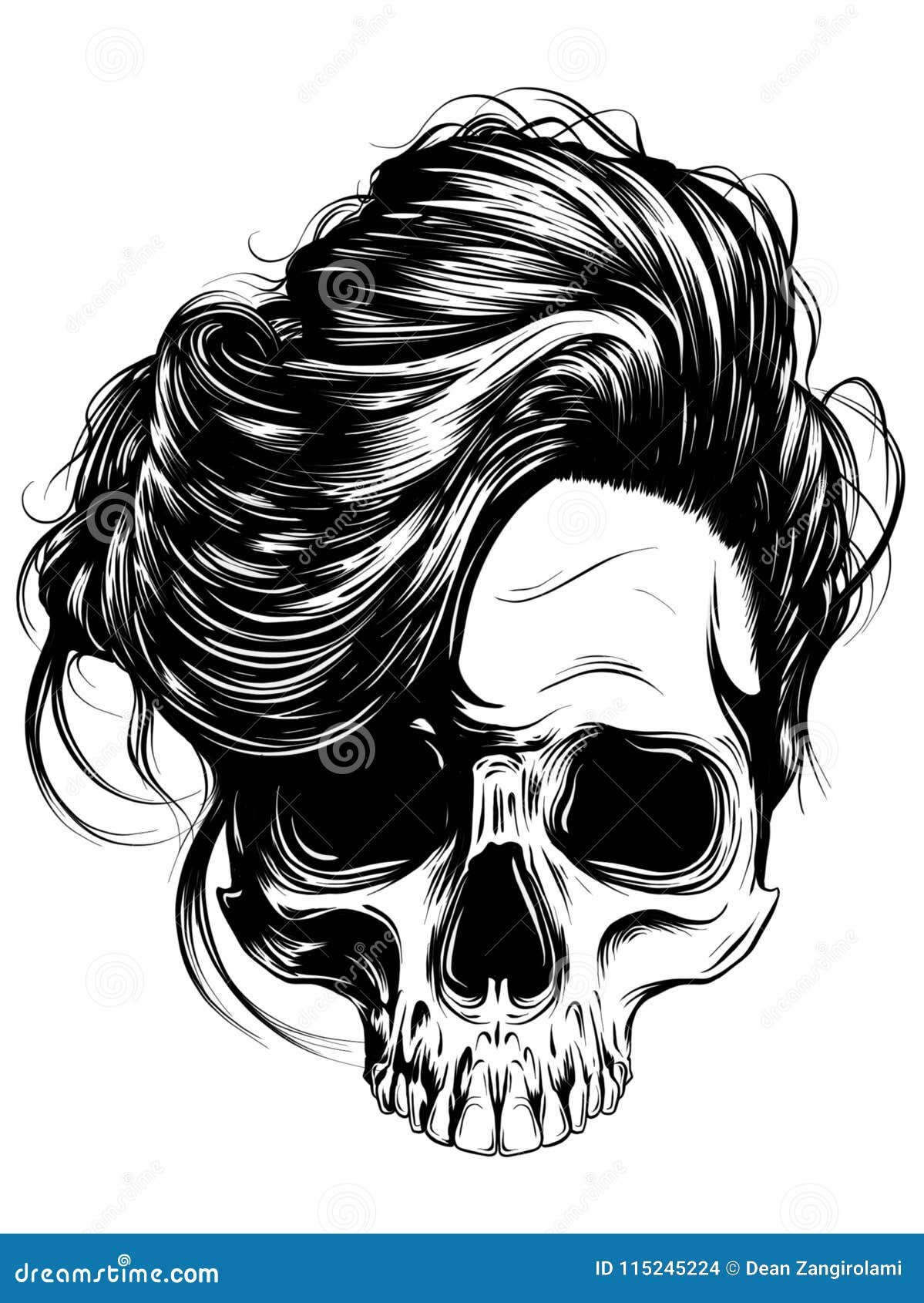 Dark skull with long hair stock illustration. Illustration of drawing -  115245224