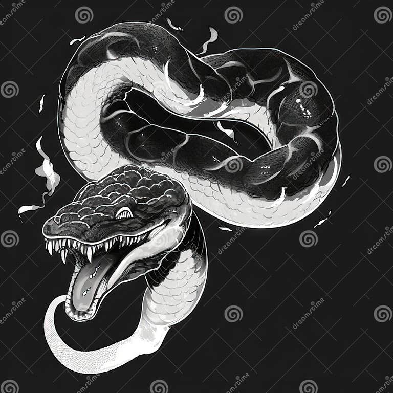 A Black and White Drawing of a Snake with Its Mouth Open and Tongue Out