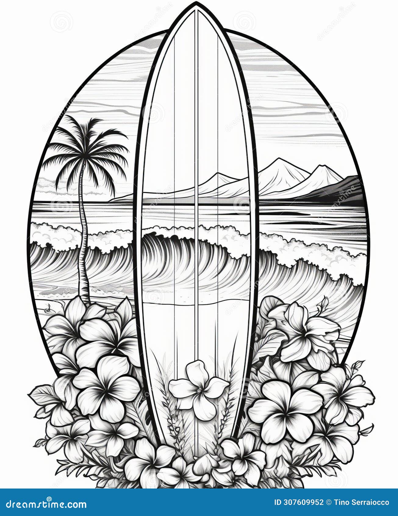 a black and white drawing of a surfboard with flowers and waves , generated by ai