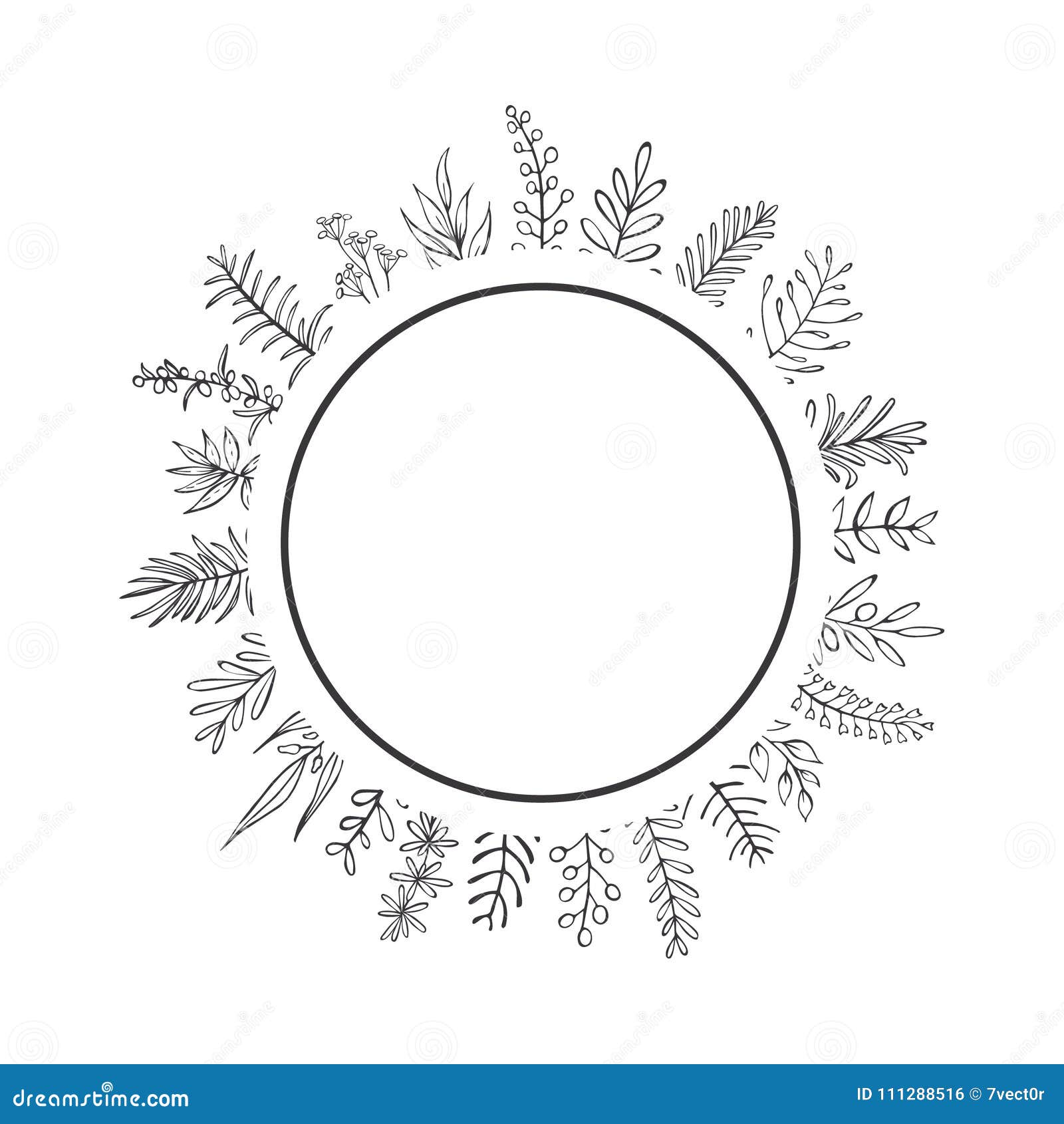 black and white farmhouse style hand drawn outlined branches and twigs circle round frame