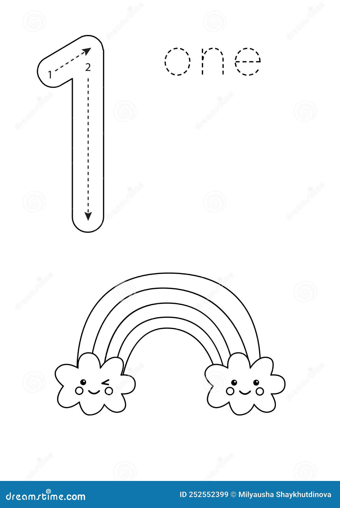 Flashcard Number 1. Preschool Worksheet. Black and White Rainbow. Stock  Vector - Illustration of education, rainbow: 252552399, image size:1130x1690