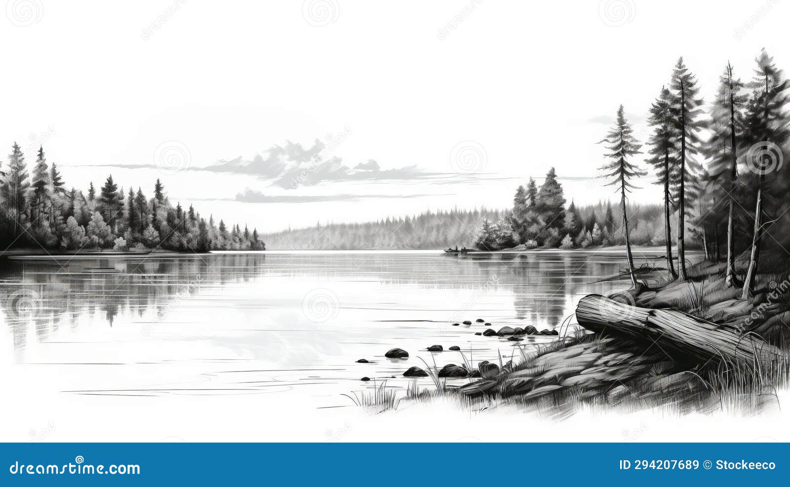 black and white forest lake  art - uhd image - free brushwork