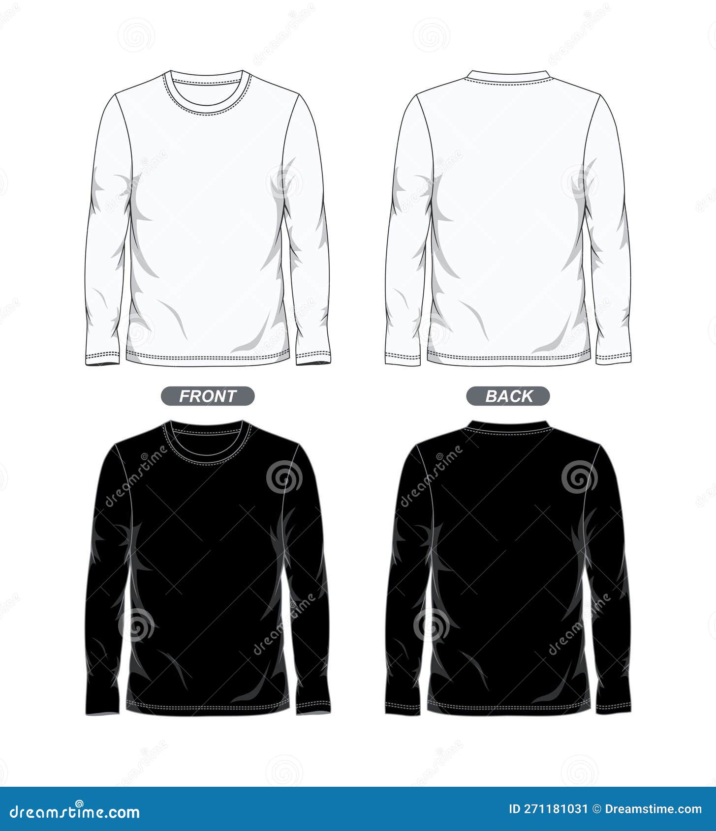 Black White Front and Back View Long Sleeve T Shirt Template Design ...