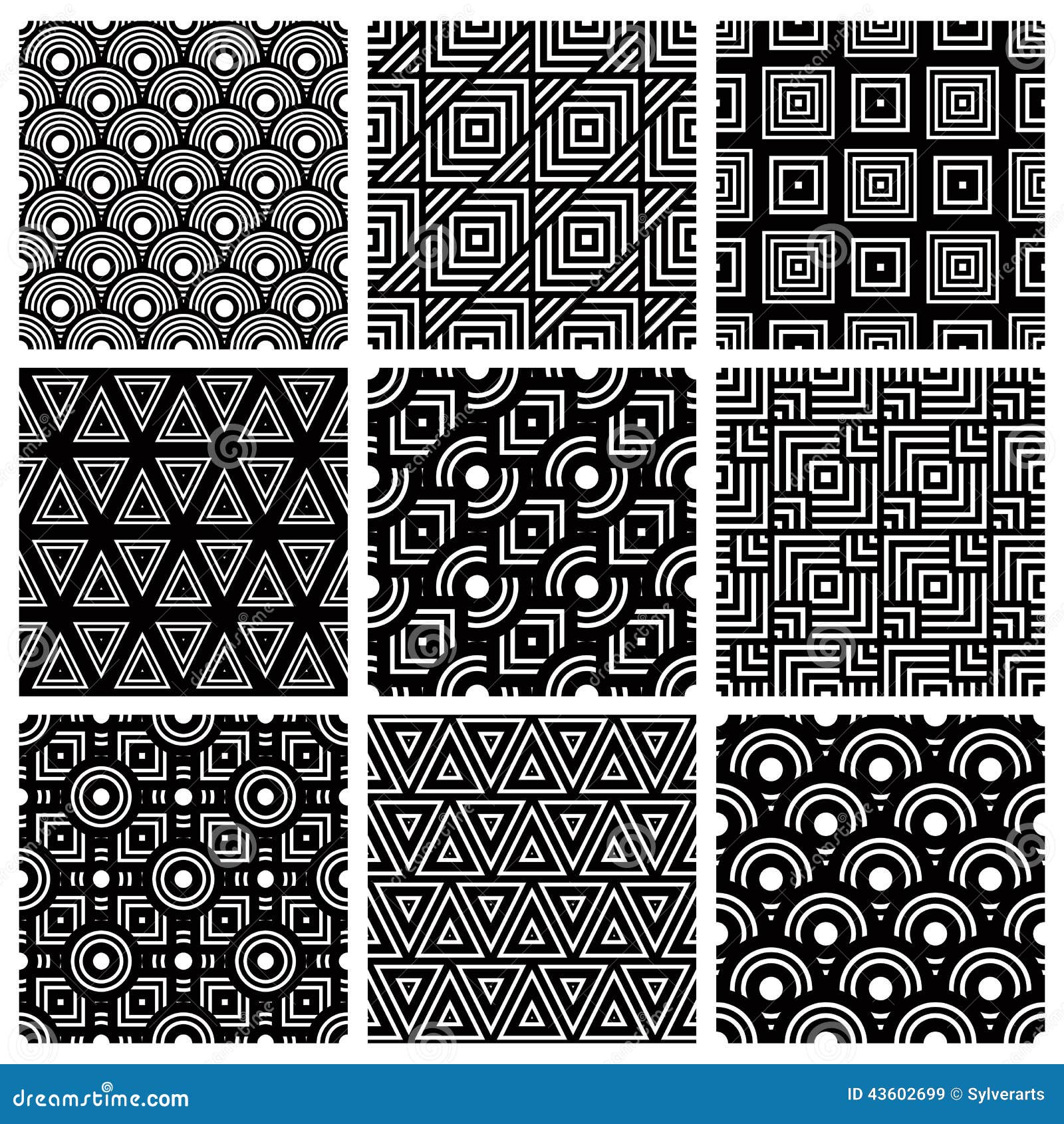 Black and White Geometric Seamless Patterns Set, Vector