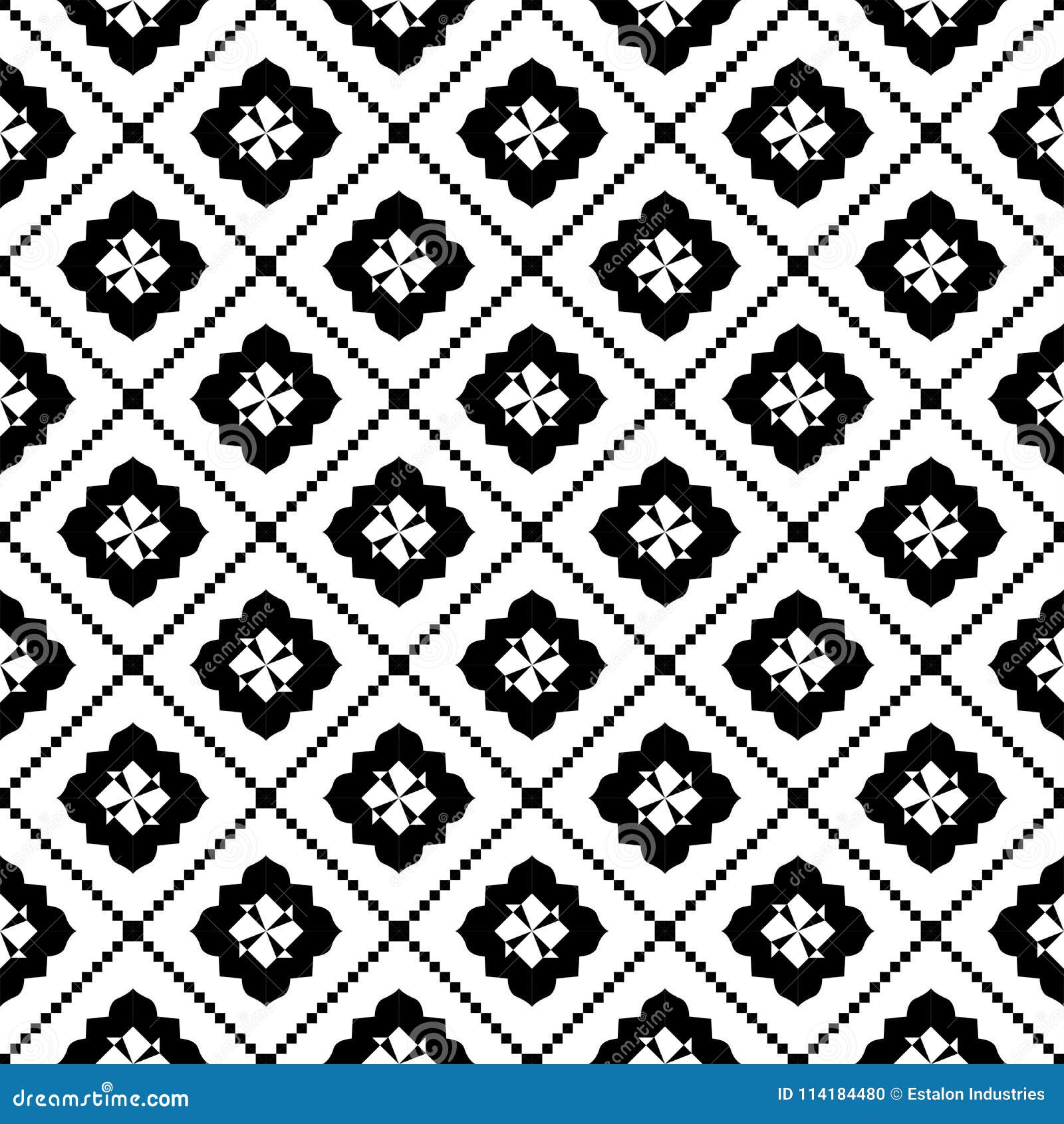 Black On White Geometric Tile With Diamond Line Seamless Repeat
