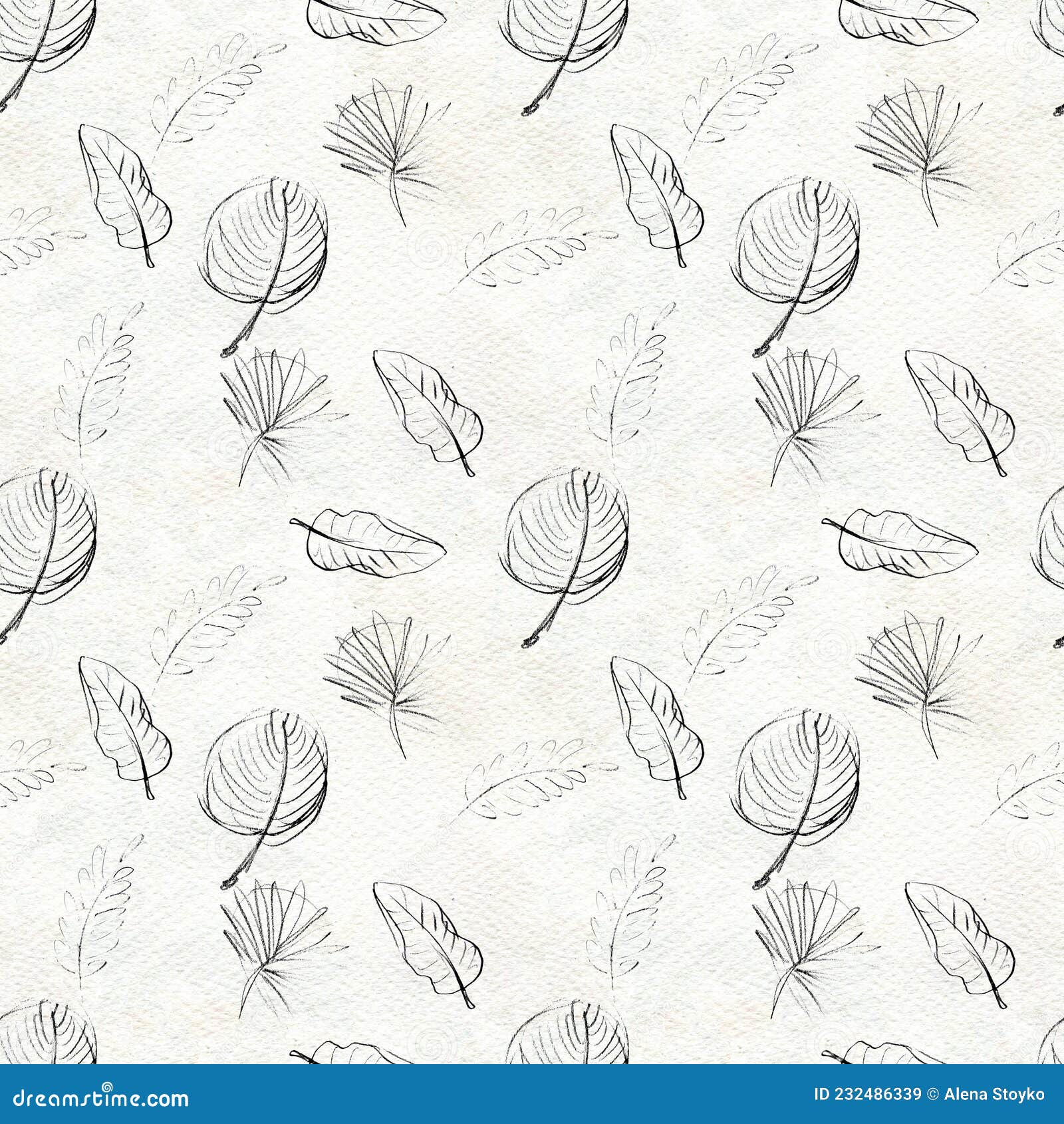 Black and White Graphic Tropical Leaves Seamless Pattern. Stock Image