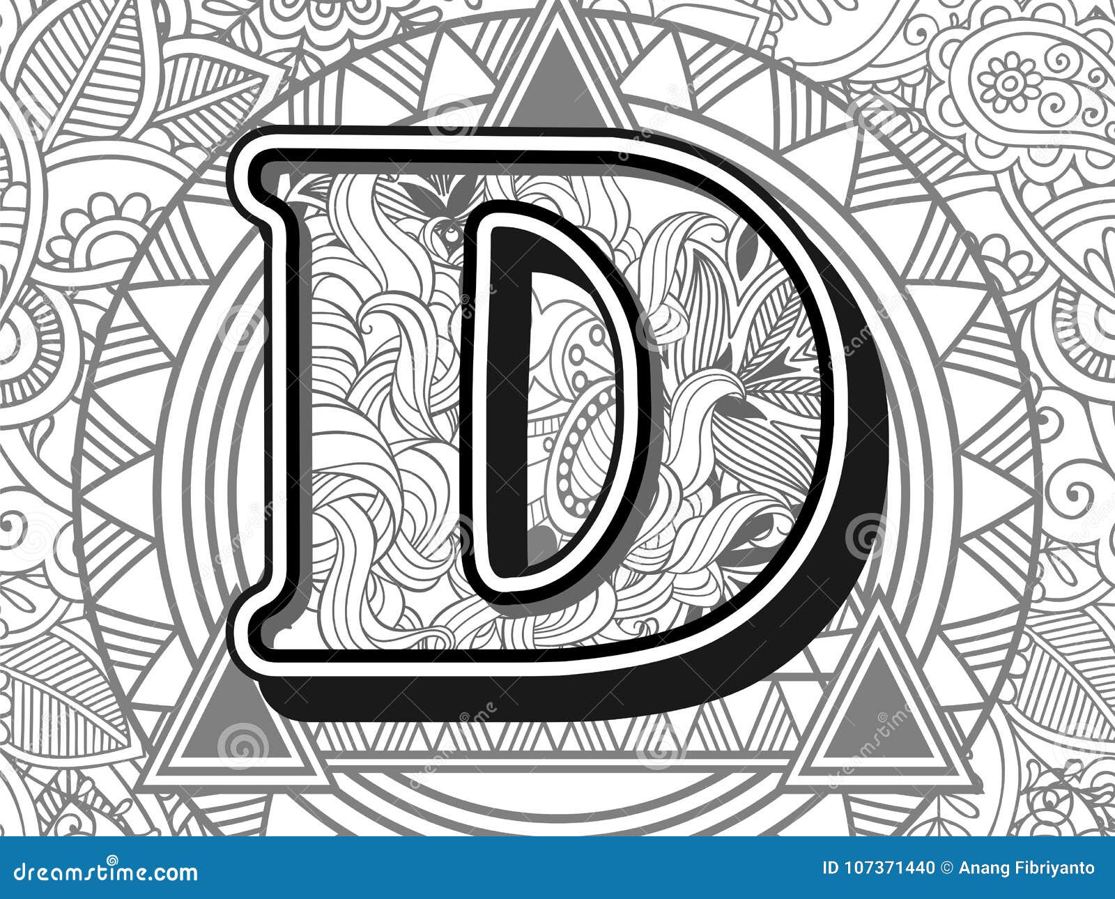 Zentangle Stylized Alphabet Letter D. Black and White Hand Drawn Doodle