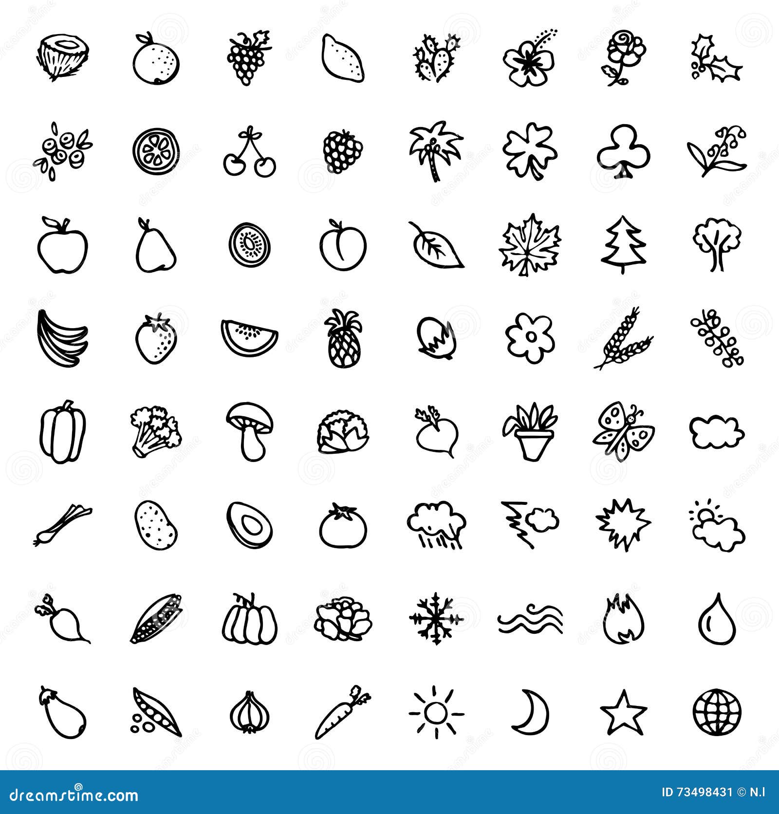 64 Black and White Hand Drawn Icons Stock Vector - Illustration of leaf ...