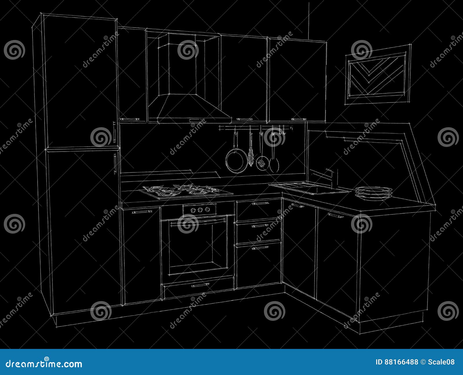 Black and White Hand Drawn Pencil Illustration of Corner Kitchen with