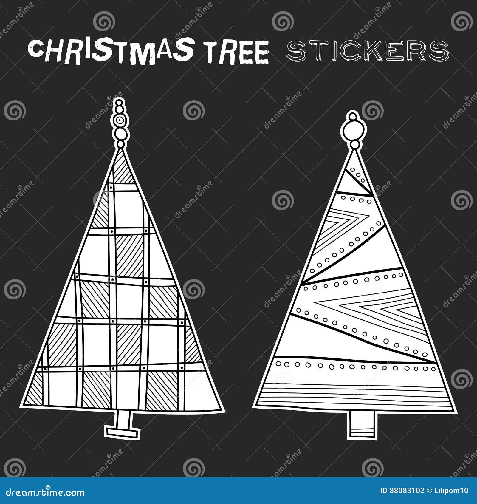 Black and White Illustration of Decorative Christmas Trees on Black ...