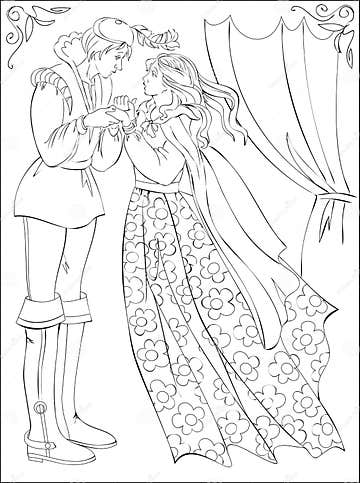 Black and White Illustration of Medieval Prince and Princess for