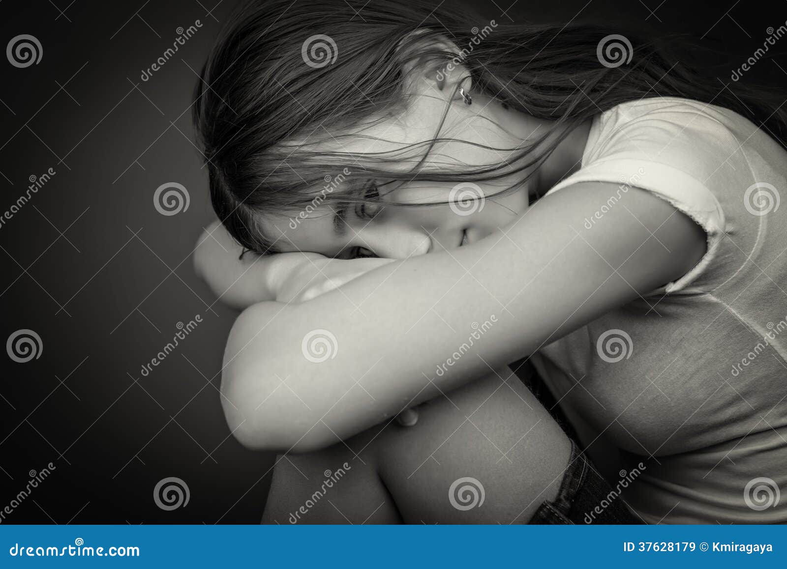Black and White Image of a Sad and Lonely Girl Stock Image - Image ...