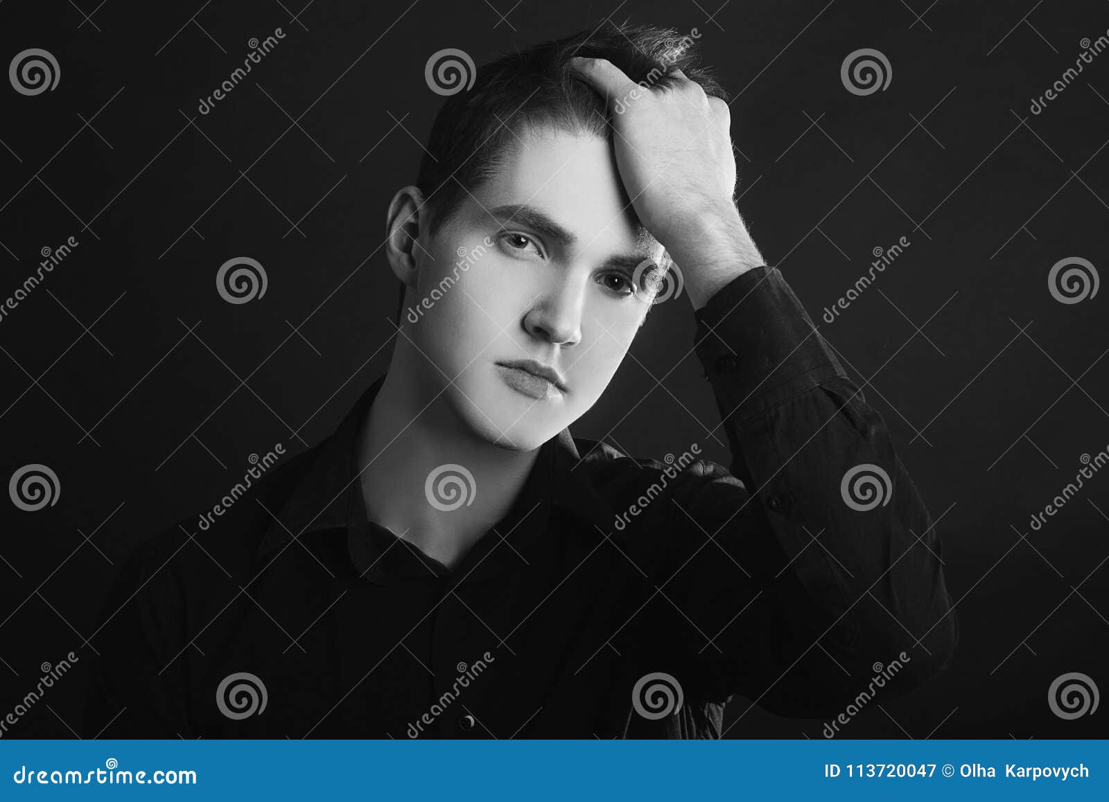 Black and White Image of Single Standing in Profile Young Handsome ...