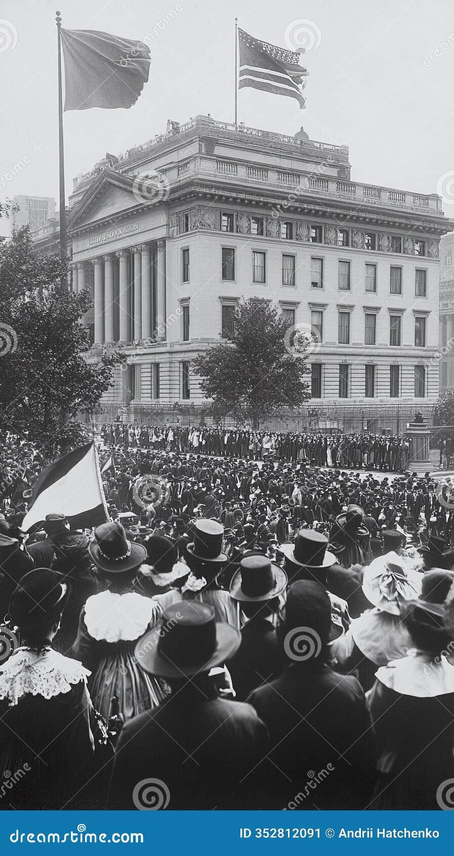 black-and-white image of a suffragette rally outside a government building