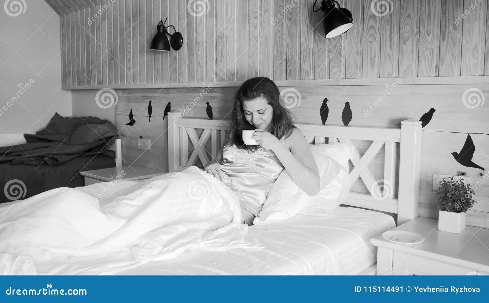 Black And White Image Of Young Woman Drinking Coffee In Bed At Morning Stock Image Image Of Lifestyle Comfortable 115114491