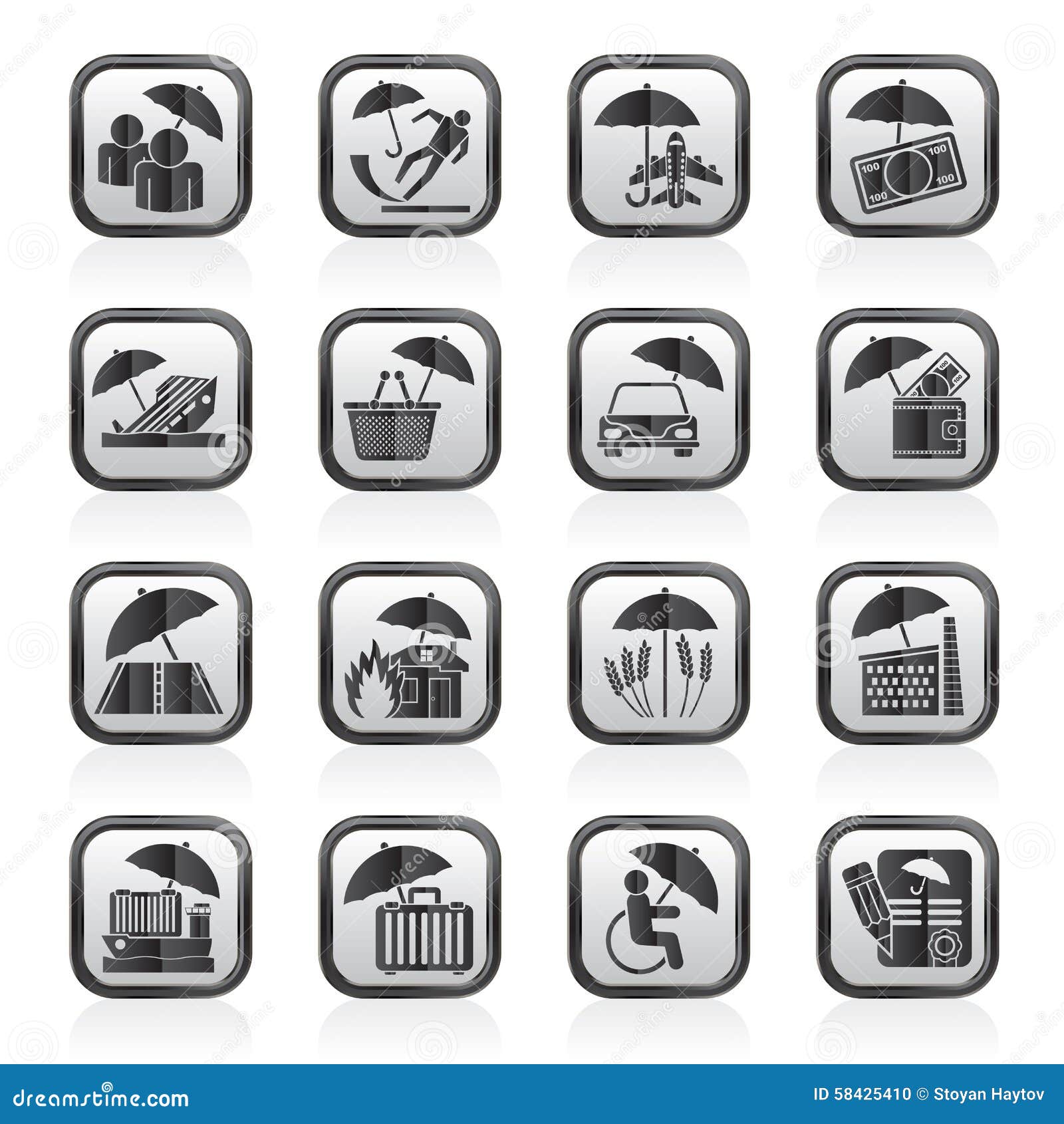 Black and White Insurance, Risk and Business Icons Stock Vector