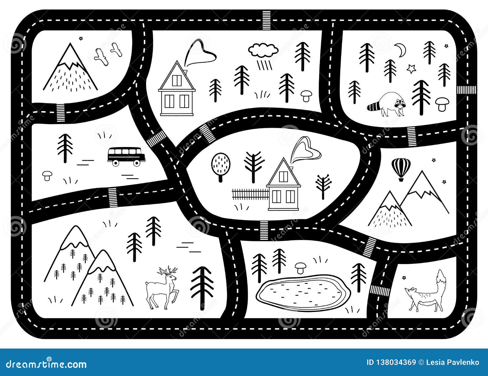 Black And White Kids Road Play Mat Vector River Mountains And