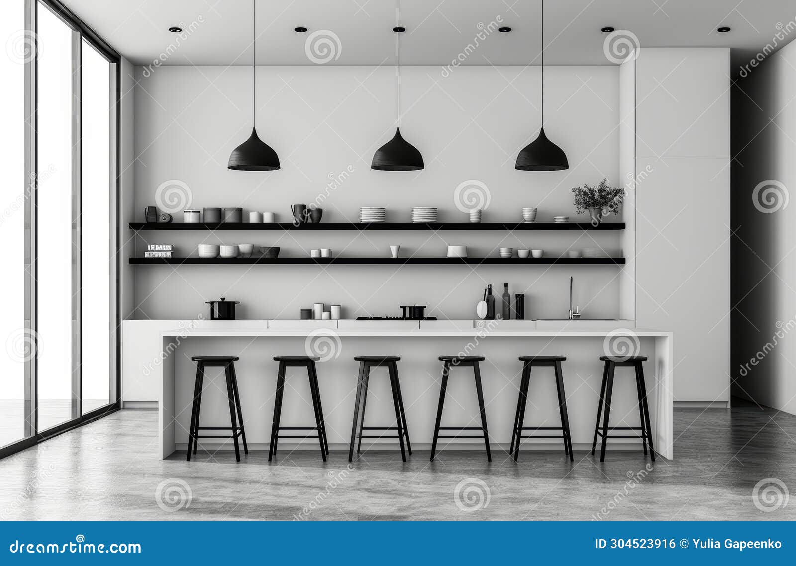 Black and White Kitchen with Stools and Shelves Stock Photo Image of