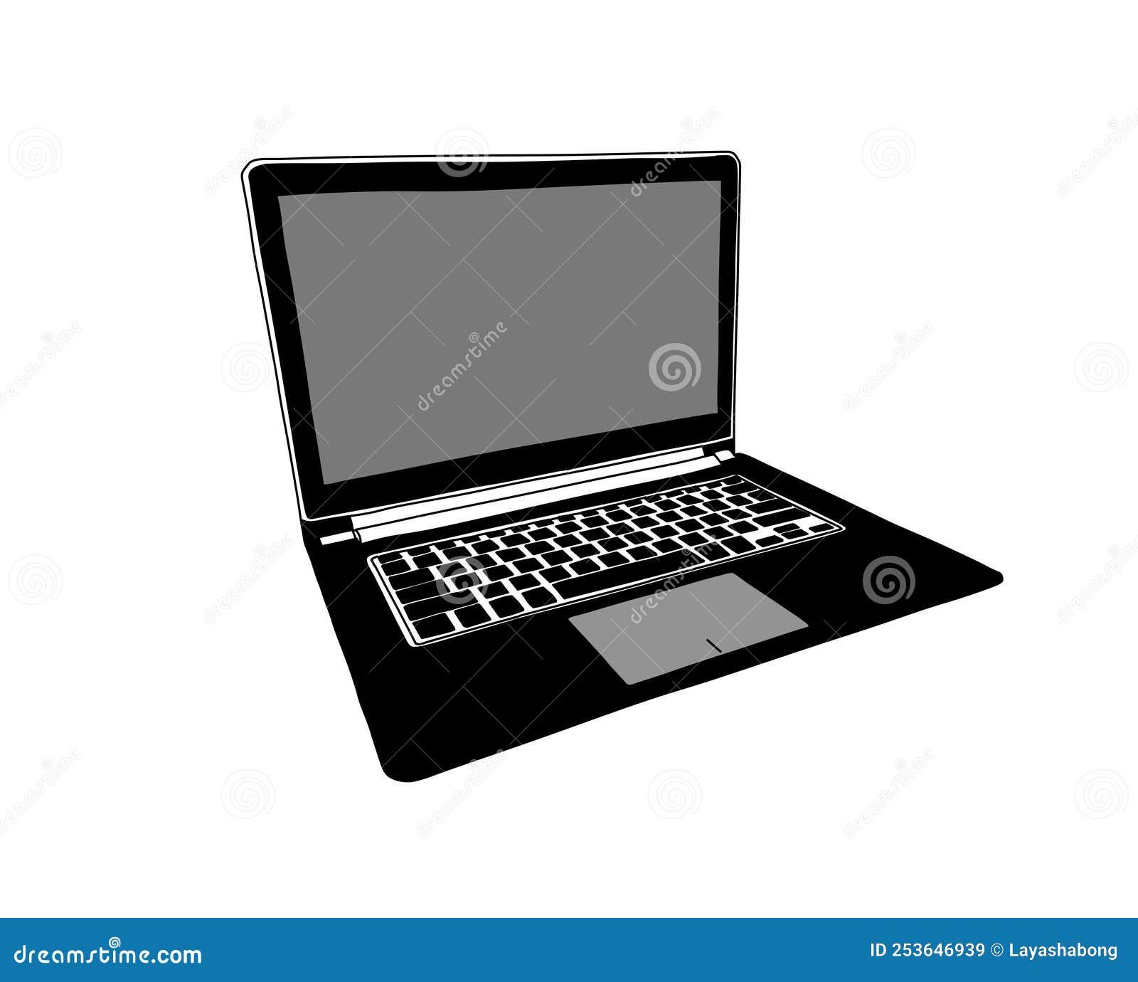 Black And White Open Laptop Illustration White Background Stock