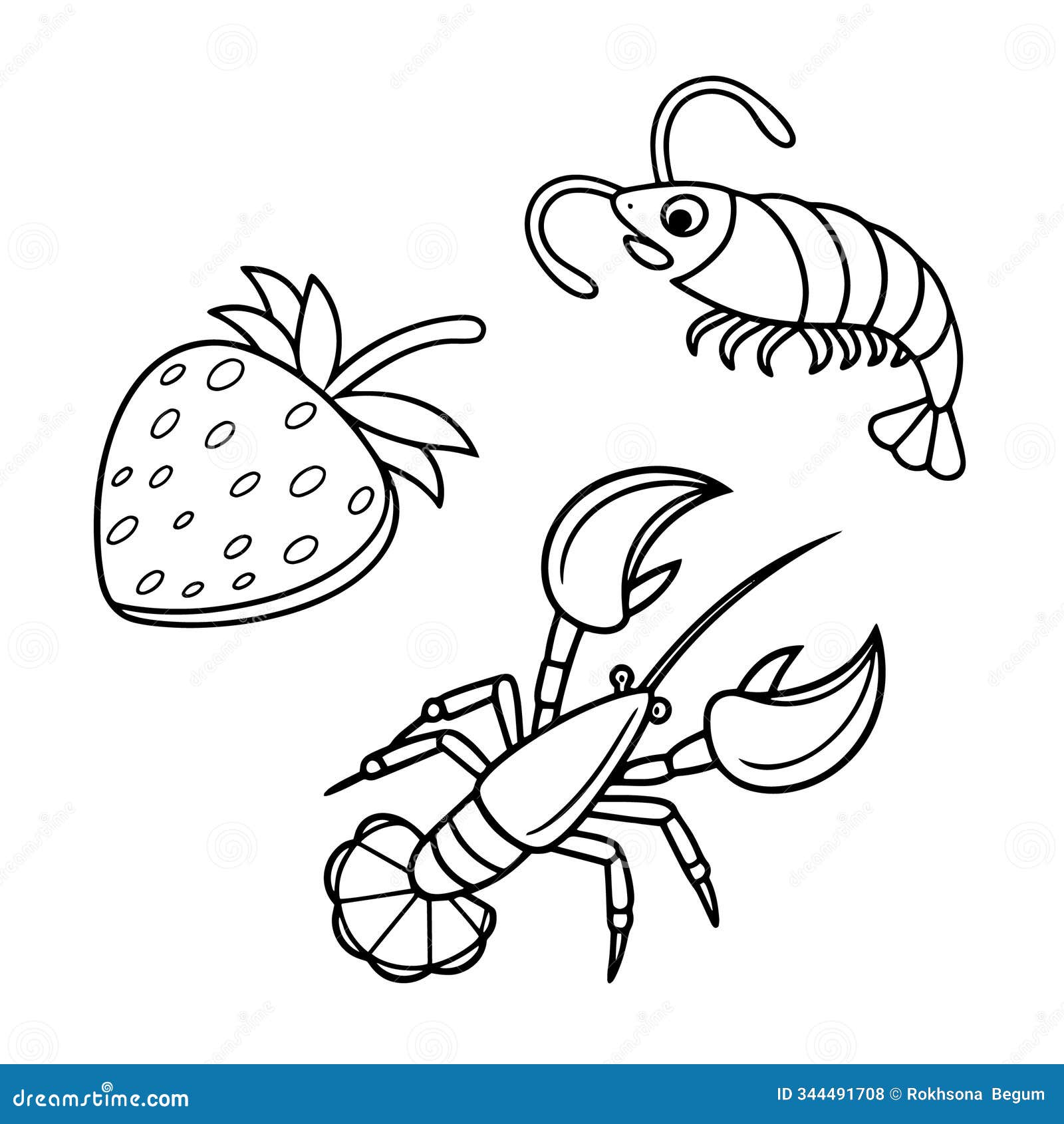 black and white line art of strawberry and seafood