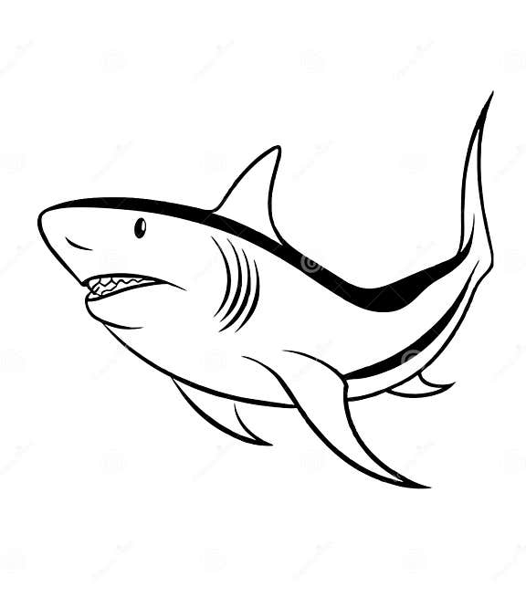Black and White Line Drawing Shark Cartoon Coloring Stock Illustration