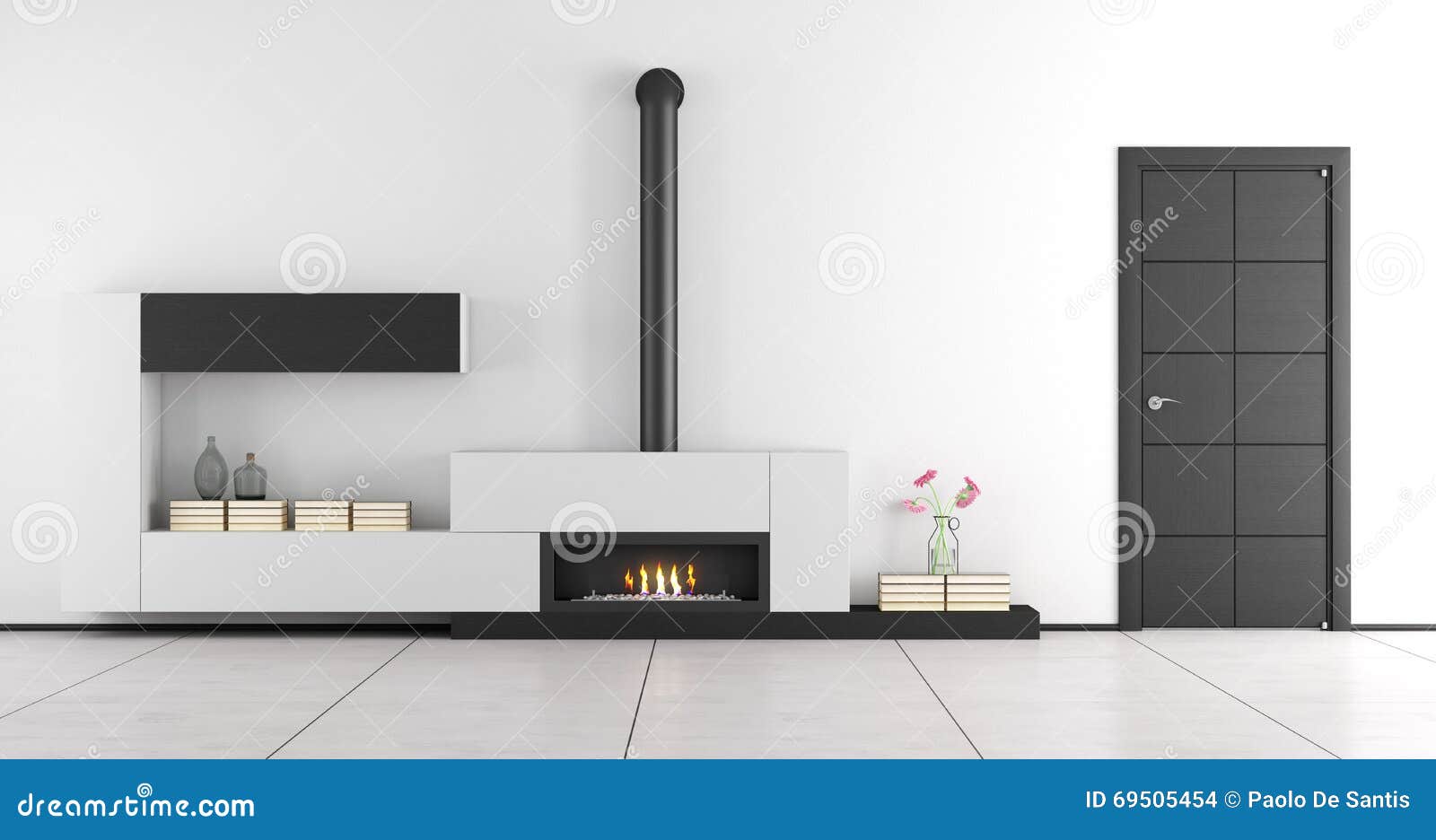 Black and White Living Room with Fireplace Stock Illustration Illustration of design, floor