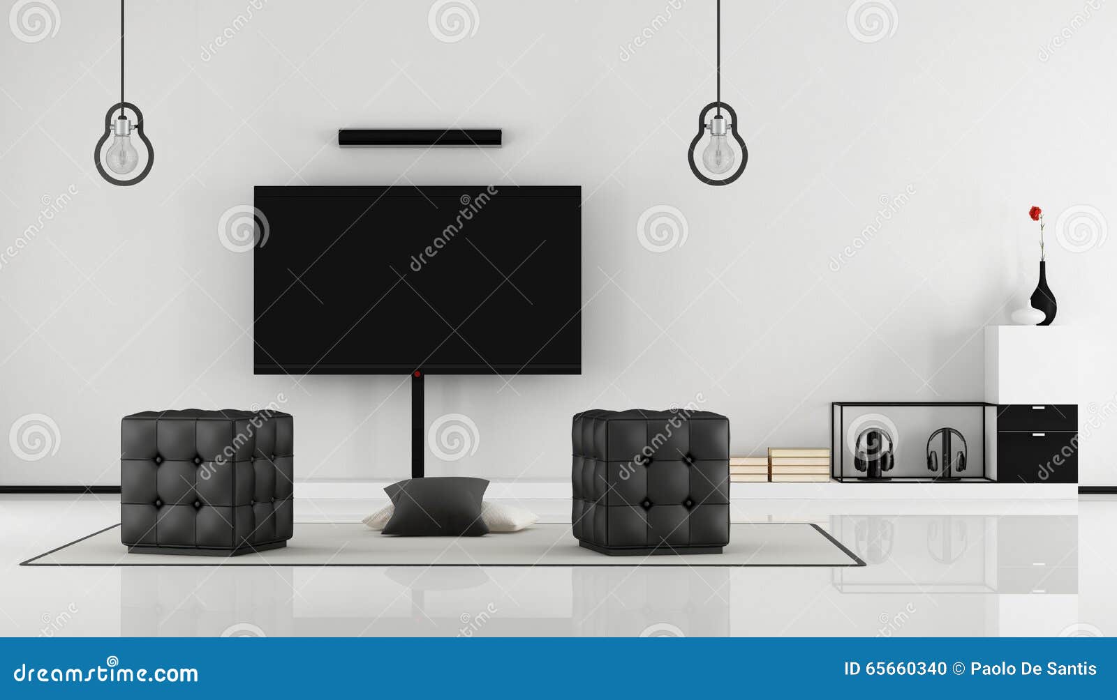 Black And White Living Room With Tv Set Stock Illustration Image