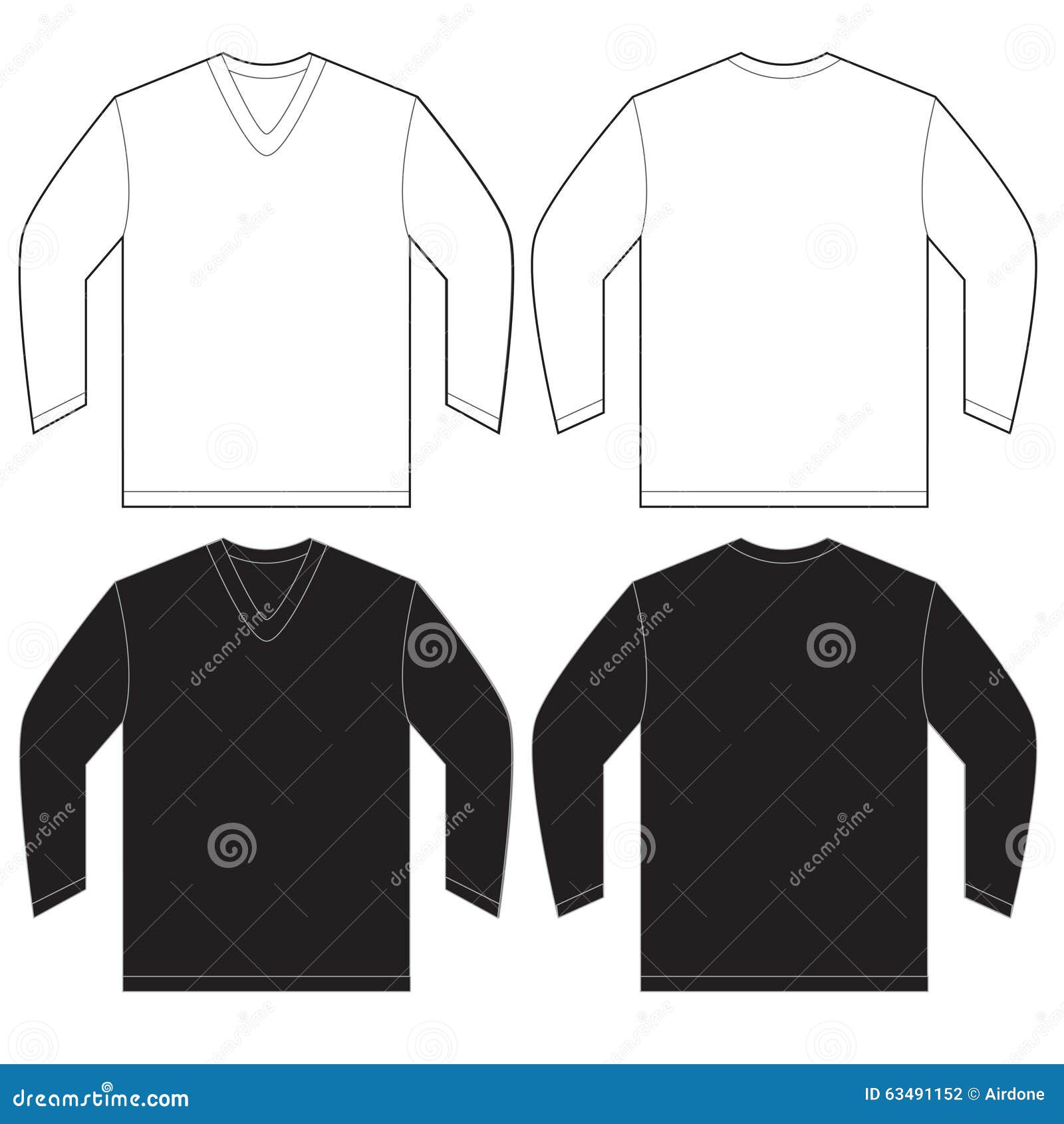 Download Black White Long Sleeve V-Neck Shirt Template Stock Vector ...