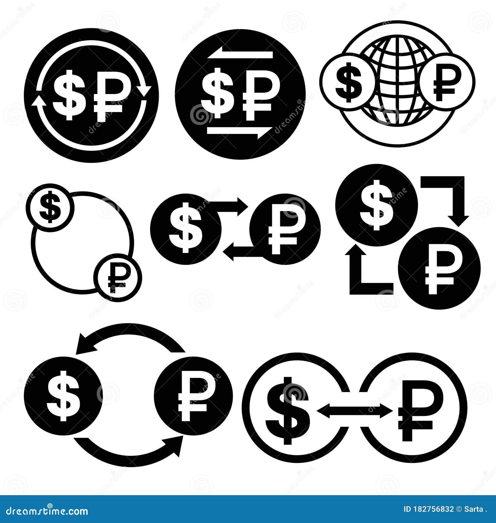 Black and White Money Convert Icon from Dollar To Ruble Vector Bundle
