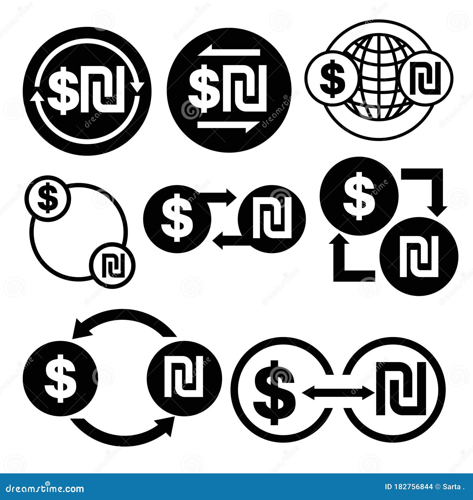 Black and White Money Convert Icon from Dollar To Shekel Vector Bundle