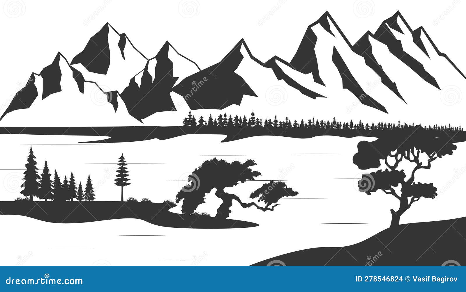 Black and White Mountain with Pine Trees and Lake. Mountain Silhouette