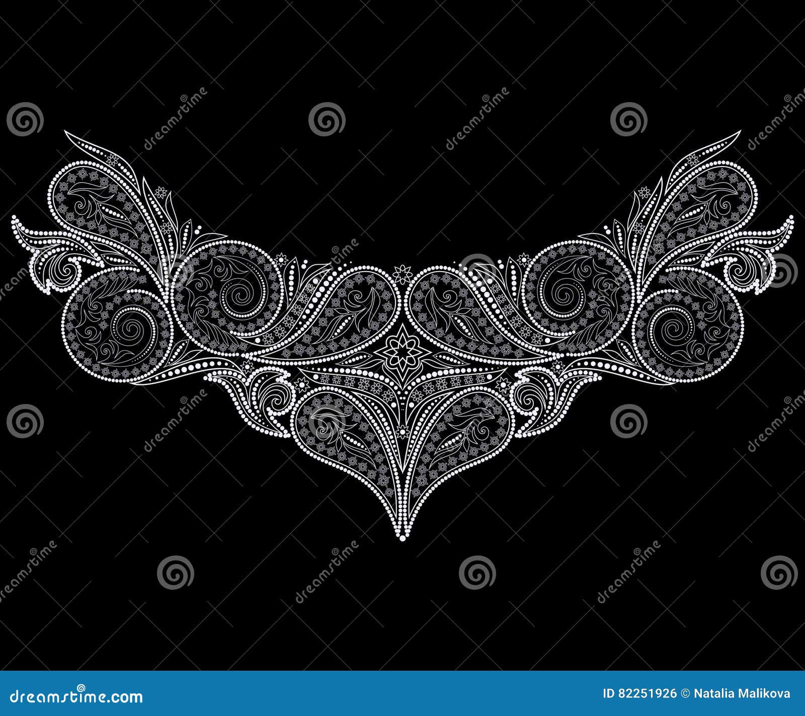 Black and white neckline design. Vector object isolated on black background. Traditional ethnic print with paisley , beautiful classy ornament. Use for women`s clothing , embroidery, decoration.