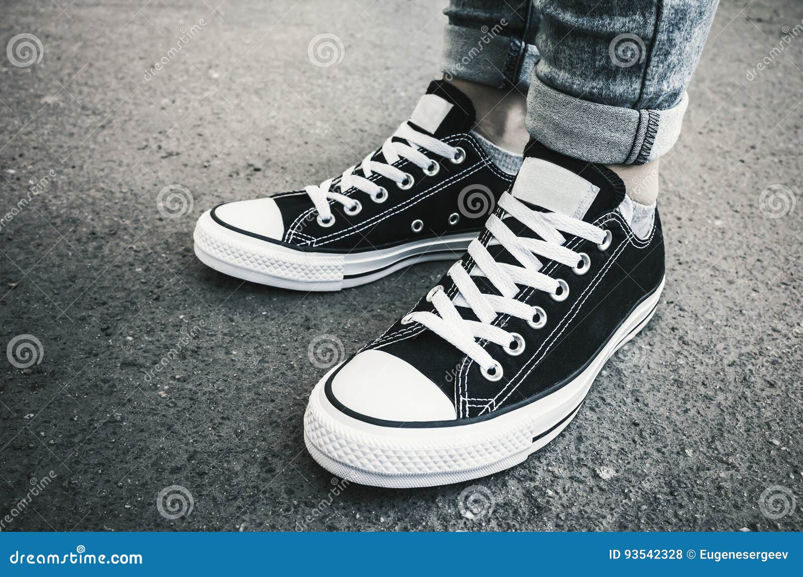 Black and White New Sneakers, Teenager Feet Stock Photo - Image of road ...