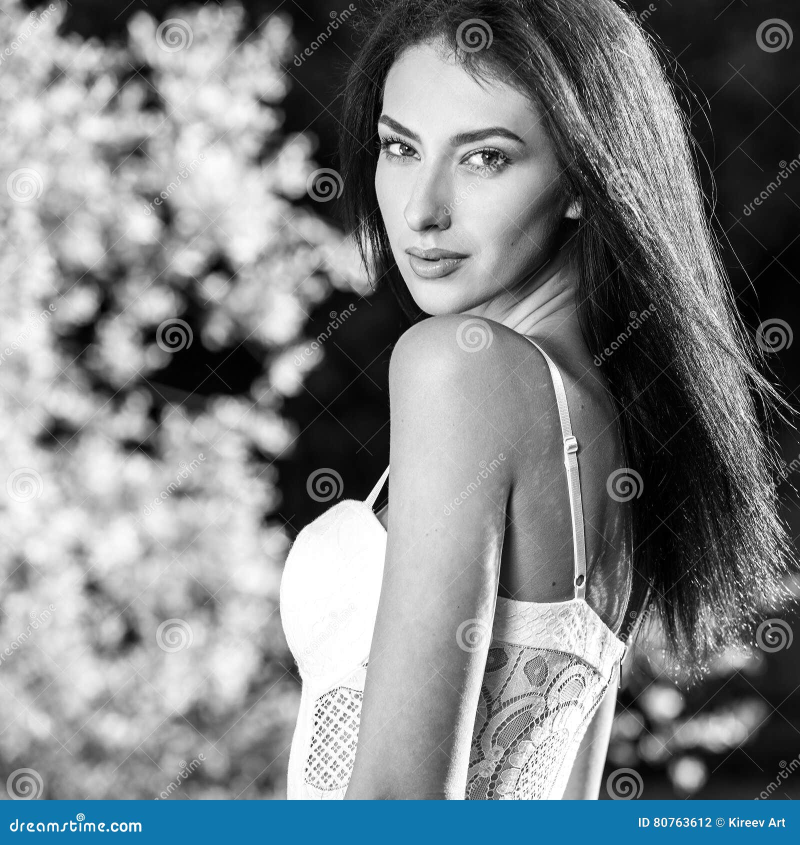 Black-white Outdoor Portrait of Beautiful Young Brunette Woman Stock ...