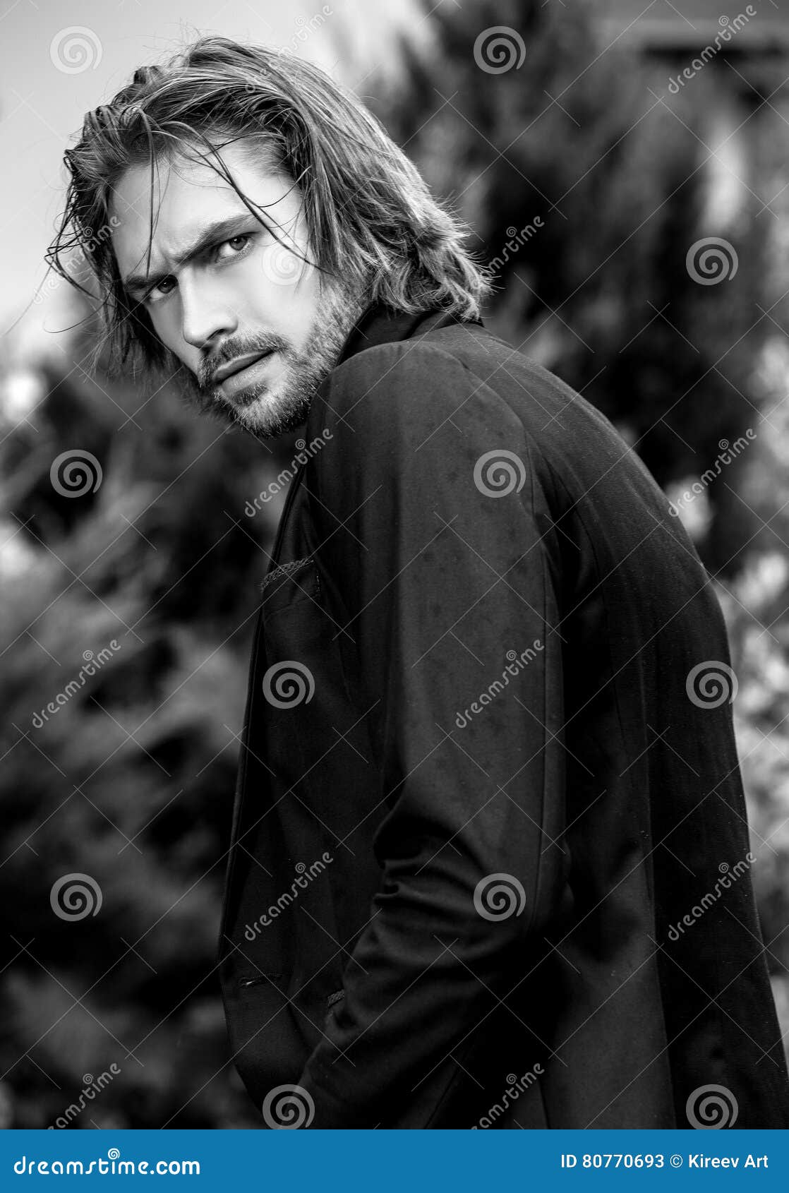 Black-white Outdoor Portrait of Elegant Long Hair Handsome Man Stock Image  - Image of elegant, classic: 80770693