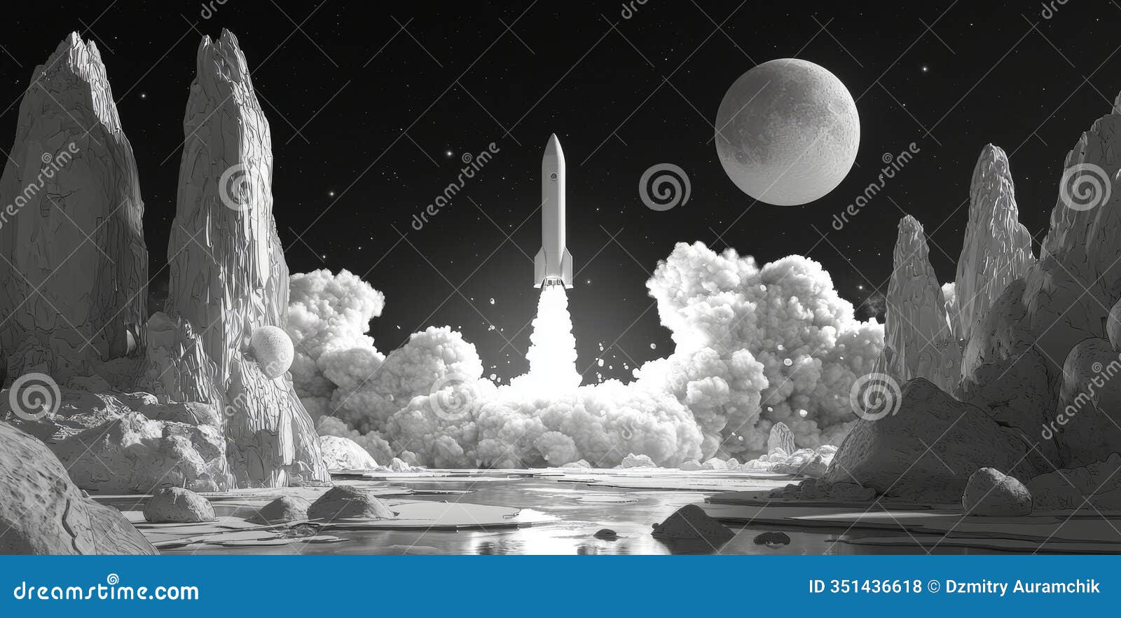 A Black and White Picture of a Rocket Launch, Perfect for Technological or  Scientific Applications. Stock Photo - Image of spacecraft, rocket:  351436618, image size:1600x882