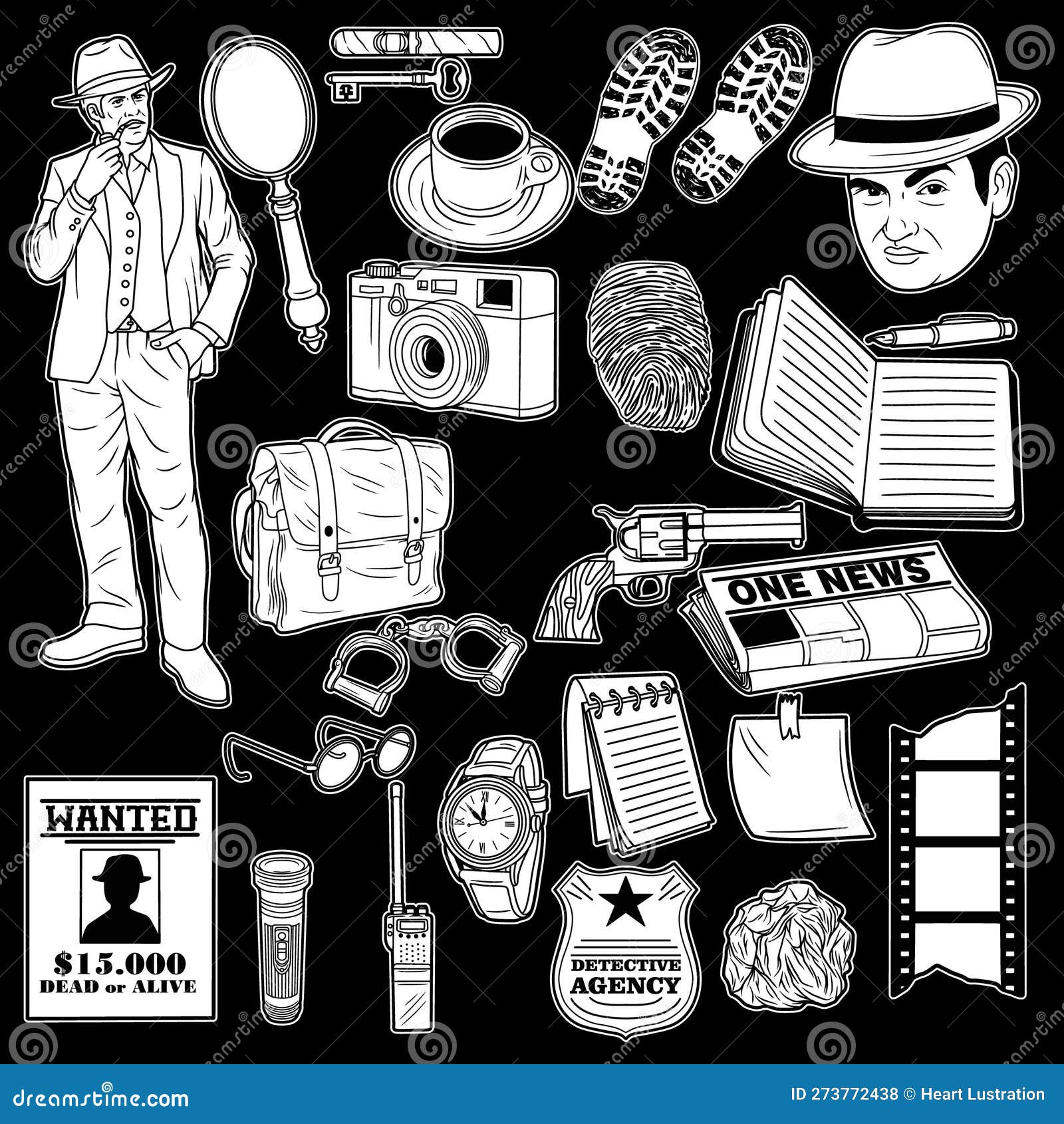 Detective Pack Black and White Illustration Stock Vector - Illustration