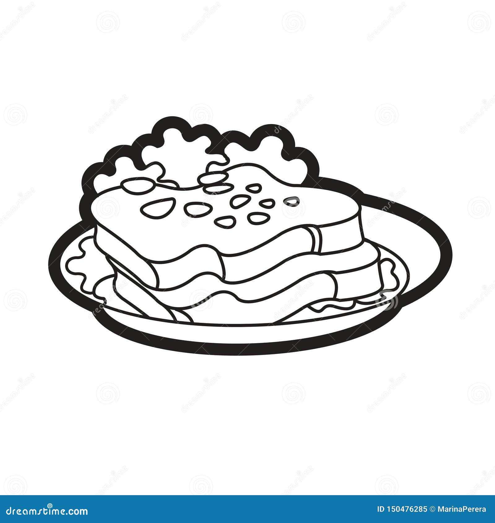 Black and White Plate with Bread Slices Isolated on White Stock Vector