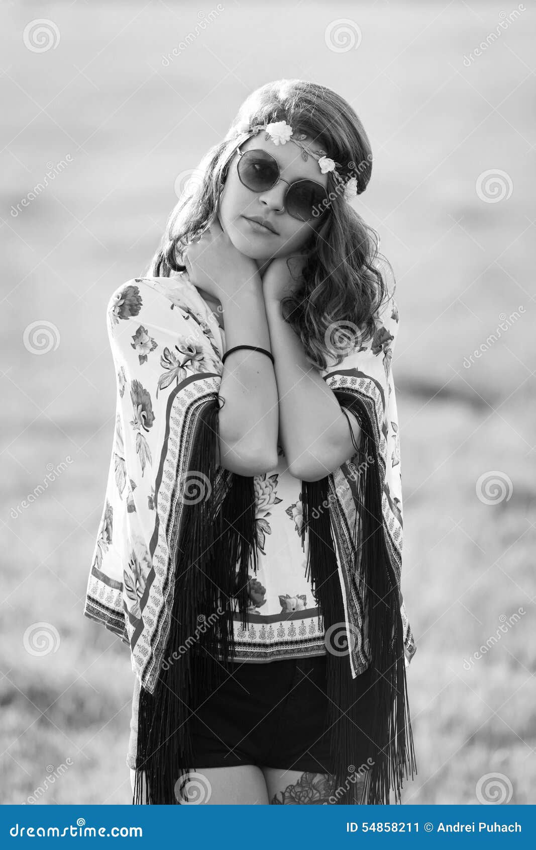 Black and White Portrait of a Beautiful Girl Hippie Standing and ...