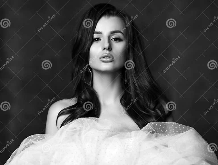 Black And White Portrait Of Innocent Sensual Woman Posing Naked Covering Herself With Fata Veil 
