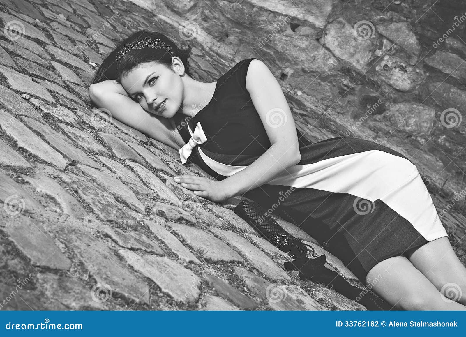 Blackwhite Portrait Of Retro Lady In Old Town Stock Photo ... Black-white Portrait