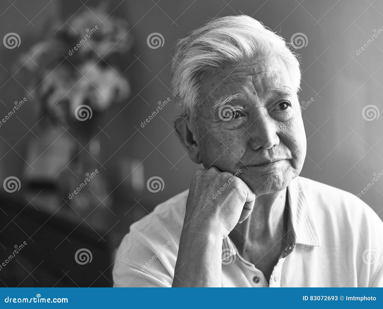 Black And White Portrait Sad Asian Senior Man Stock Image