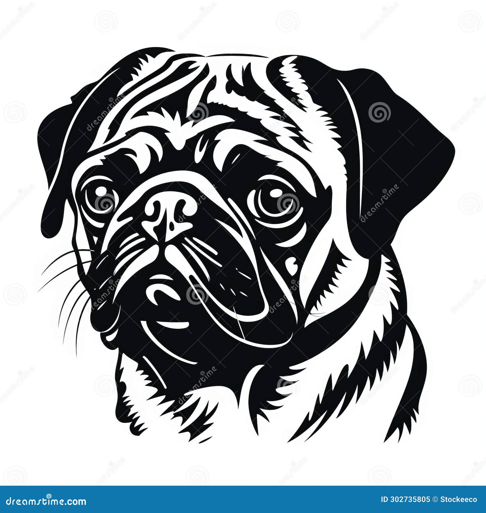 bold stencil art: pug dog silhouette in woodcut-inspired graphics
